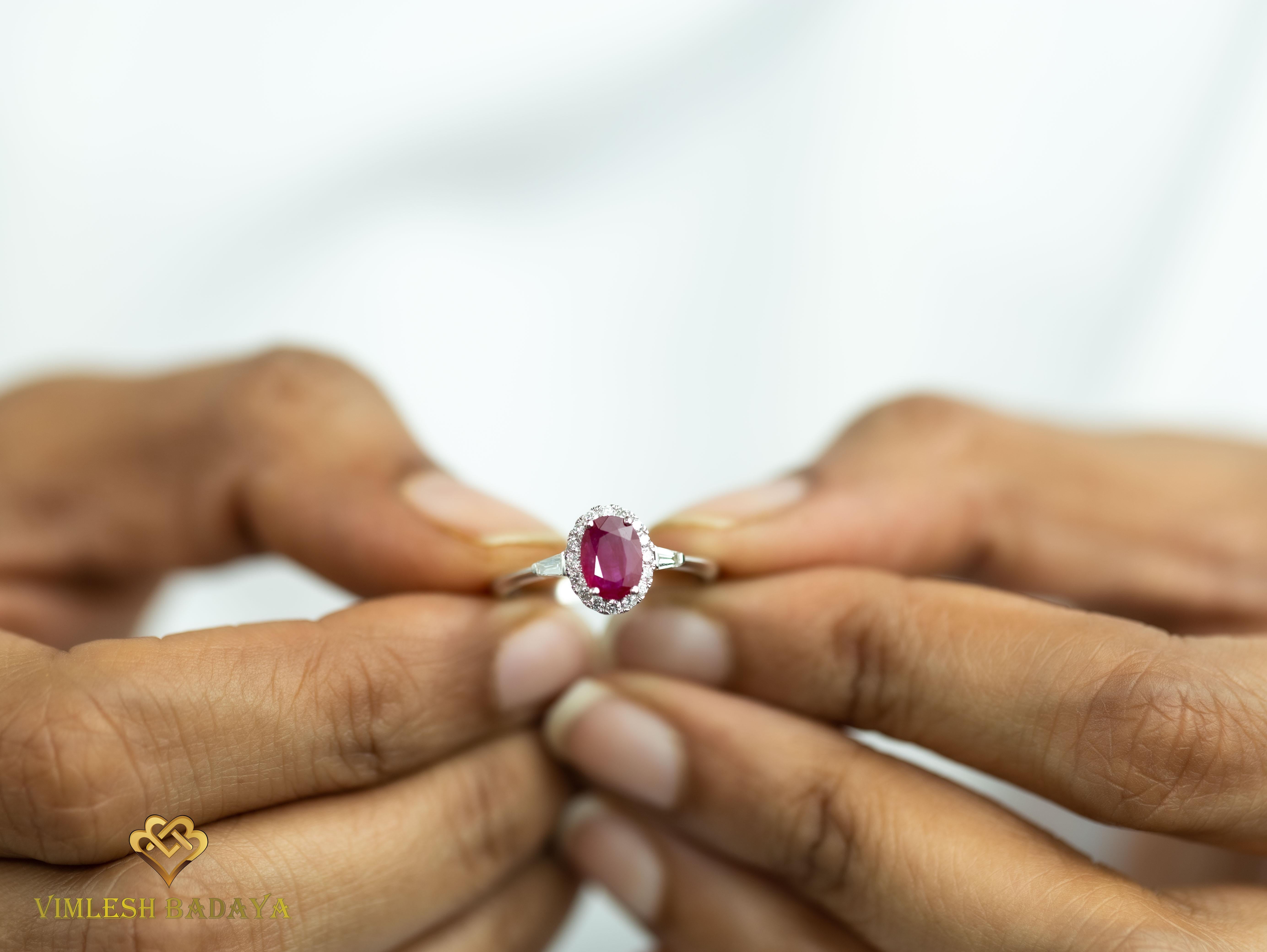 Oval Ruby Diamond Tapper Baguette Round Cut Double Halo Engagement Ring In New Condition For Sale In Jaipur, RJ