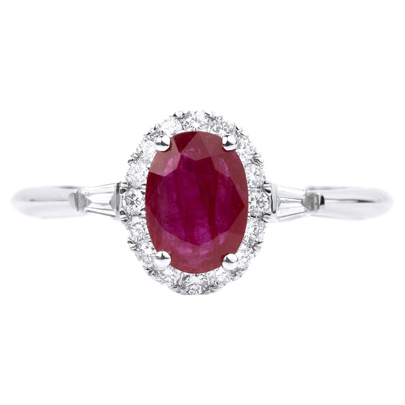Bague de fiançailles double halo avec diamant ovale rubis baguette taille ronde