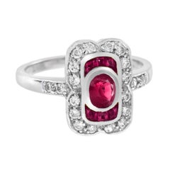 Oval Ruby & Diamond Vintage Inspired Style Statement 14K White Gold Ring