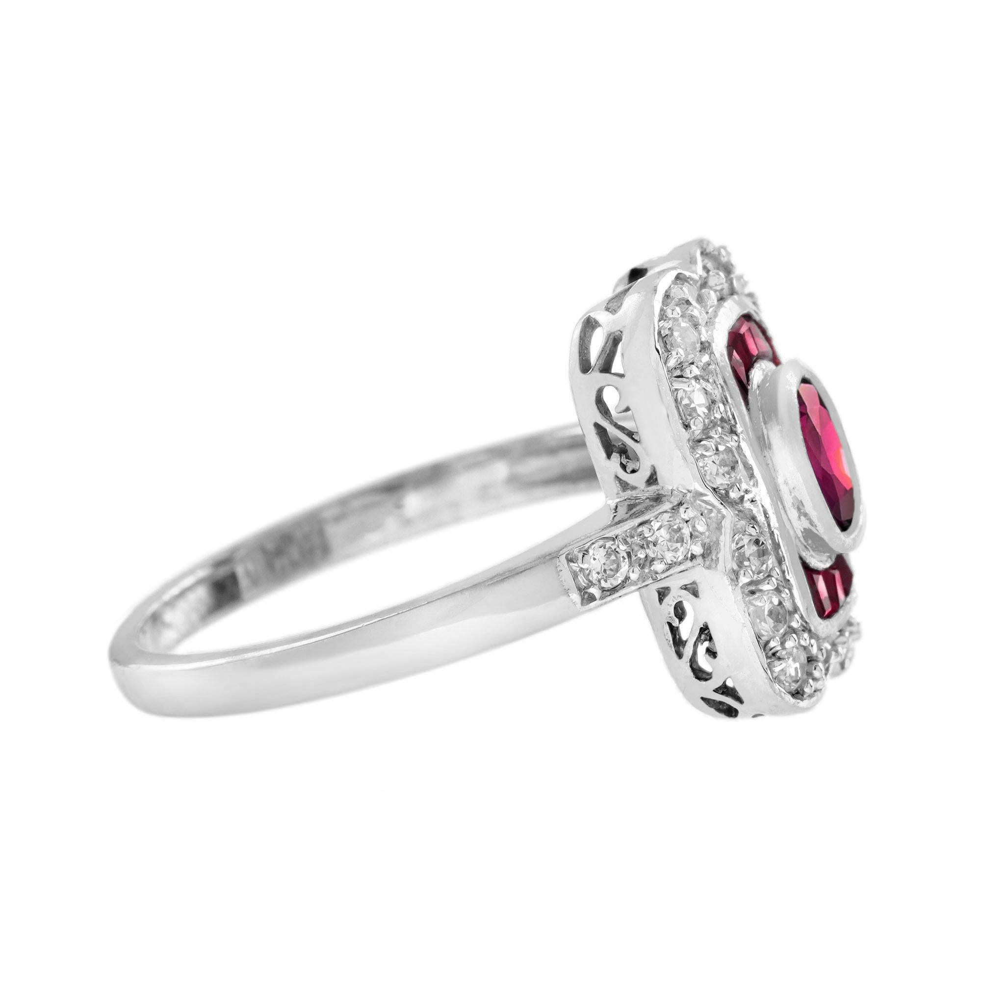 Art déco Bague ovale en or blanc 14K avec rubis et diamants d'inspiration vintage en vente
