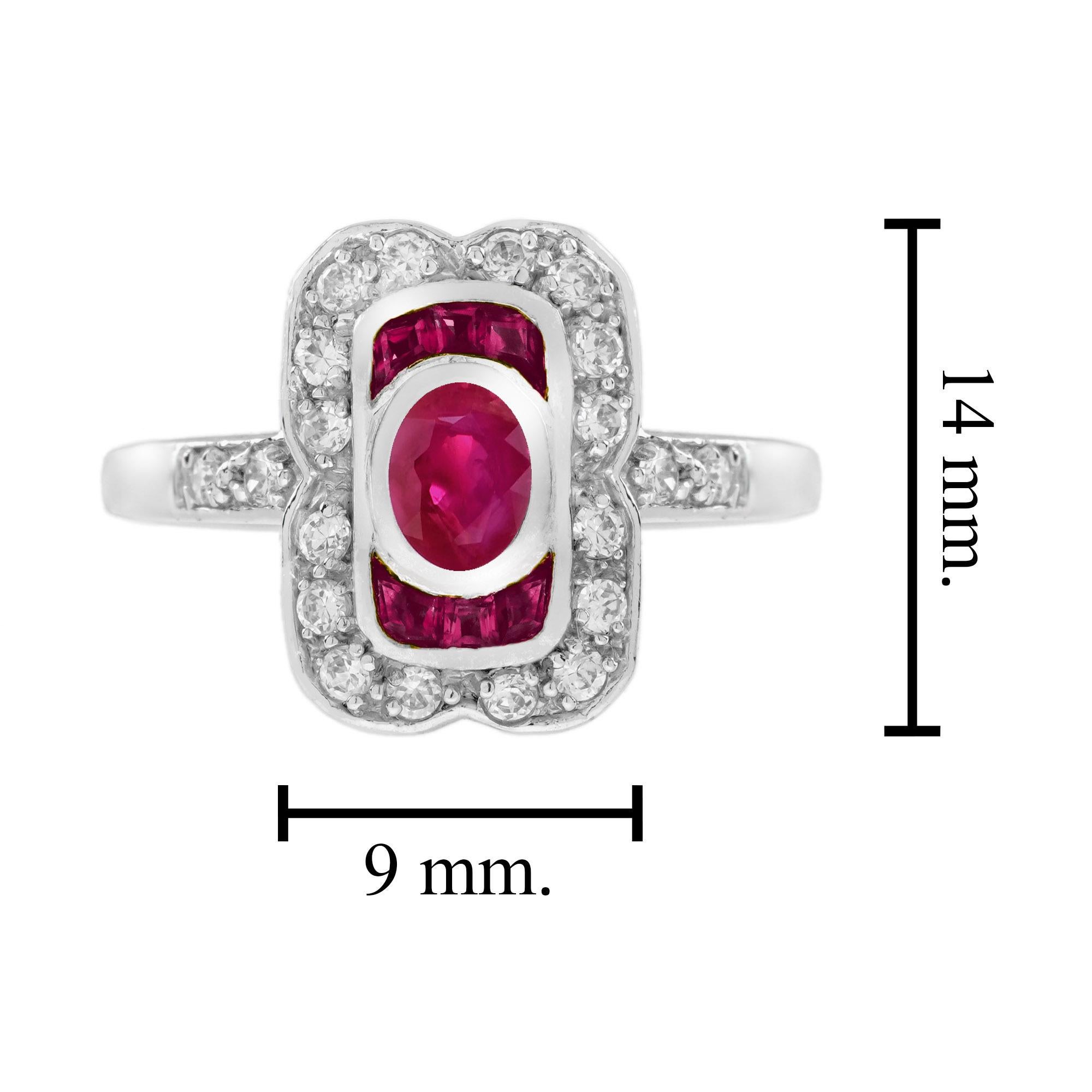Bague ovale en or blanc 14K avec rubis et diamants d'inspiration vintage en vente 1