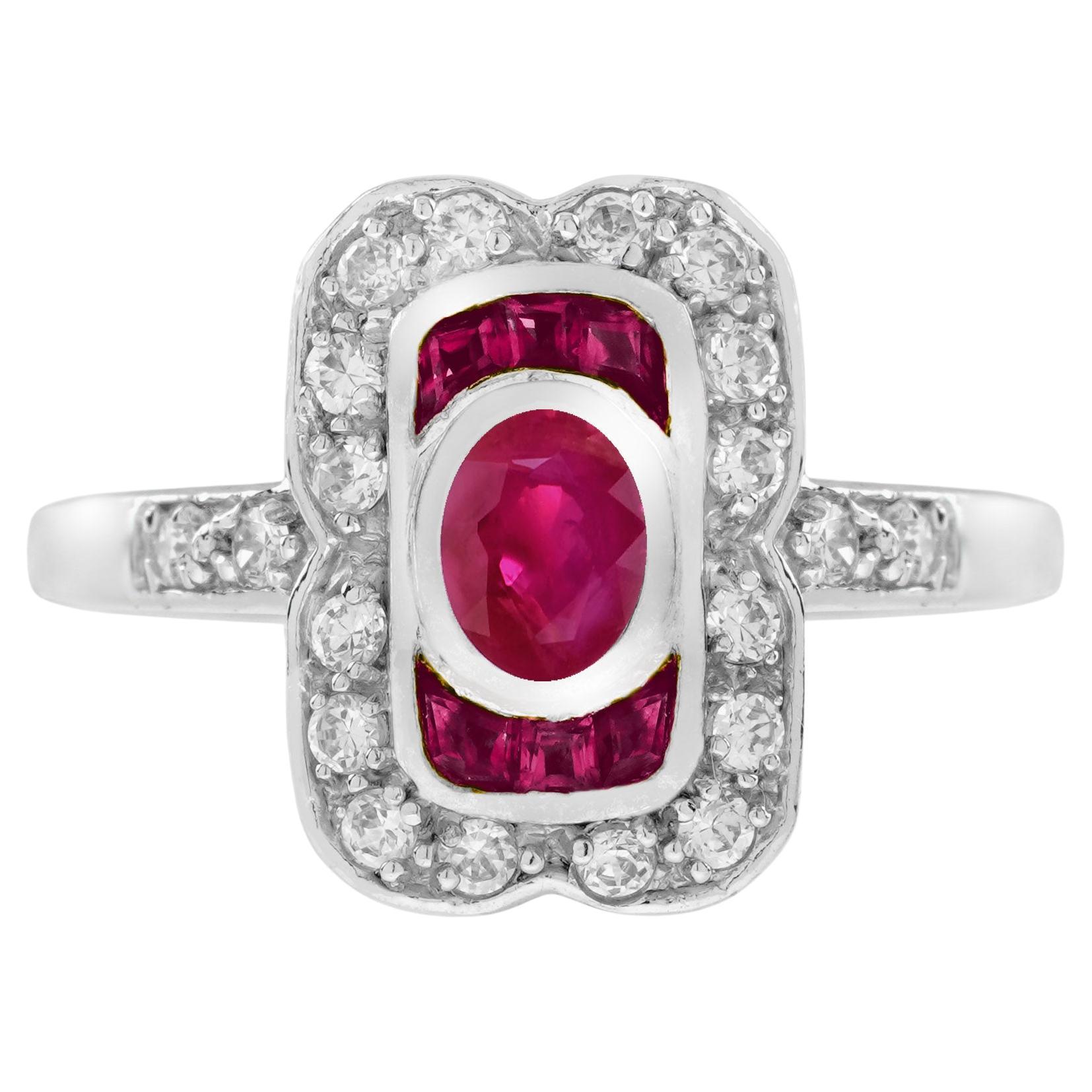 Bague ovale en or blanc 14K avec rubis et diamants d'inspiration vintage