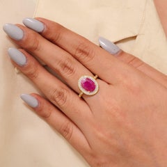 3.53 Carat Solitaire Natural Ruby & Diamond Double Halo Ring, 14k Yellow Gold