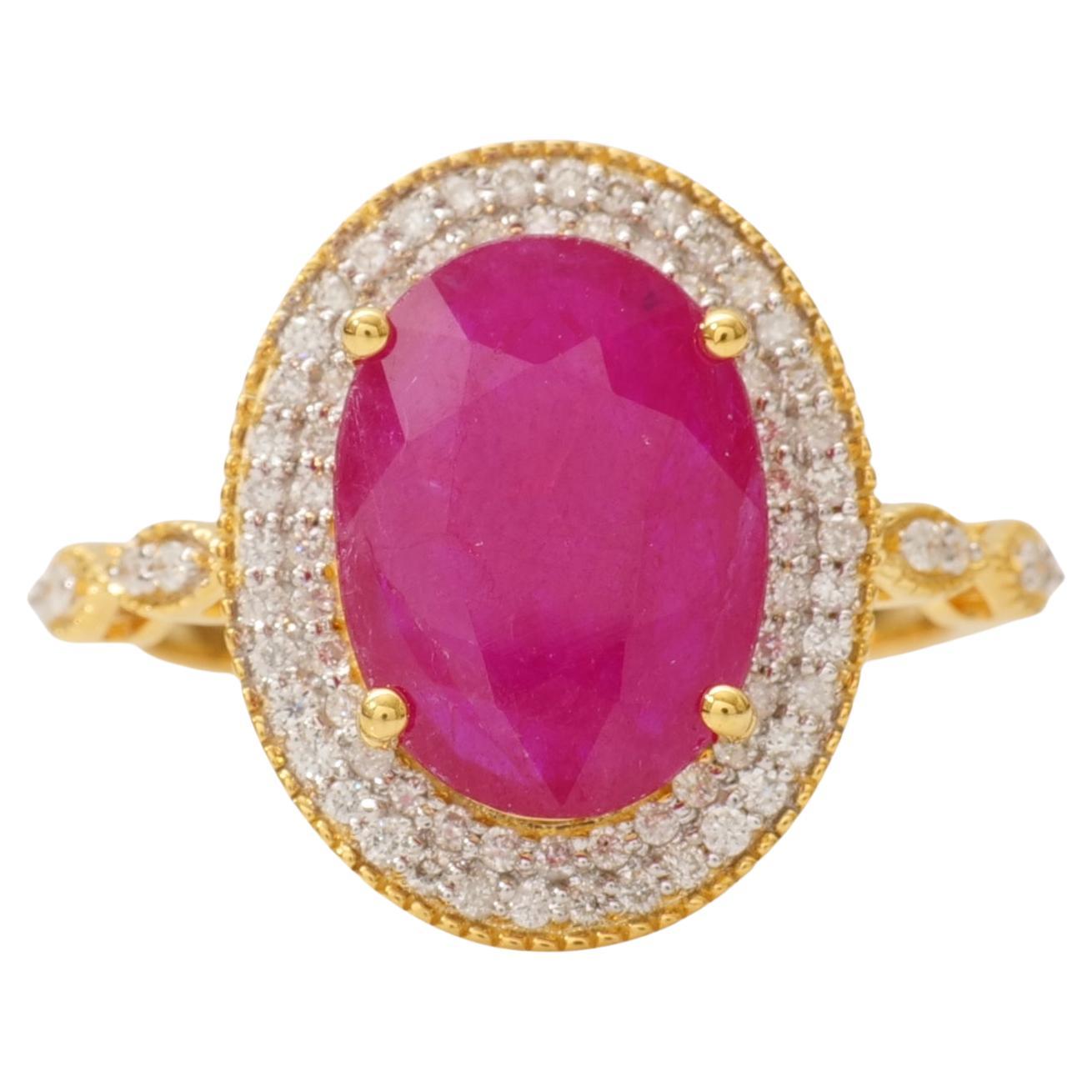 Anello con rubino ovale e doppio diamante a raggiera in oro massiccio 14k (certificato)