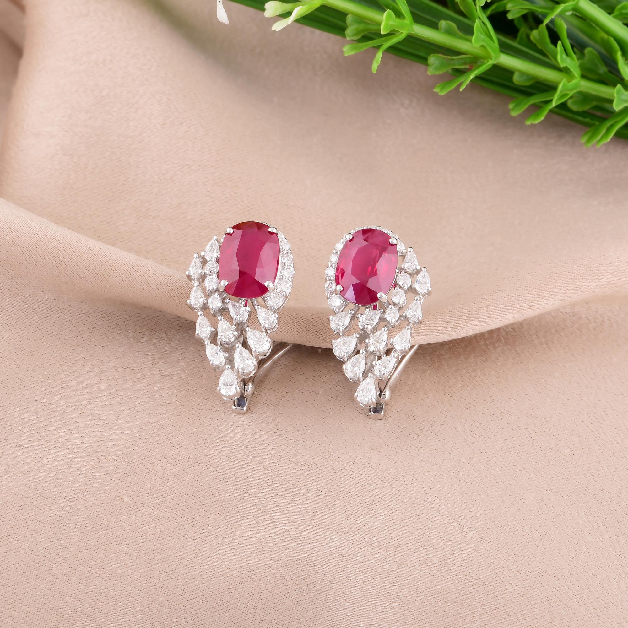 Modern Oval Ruby Earrings SI/H Pear Round Brilliant Cut Diamond 14 Karat White Gold For Sale