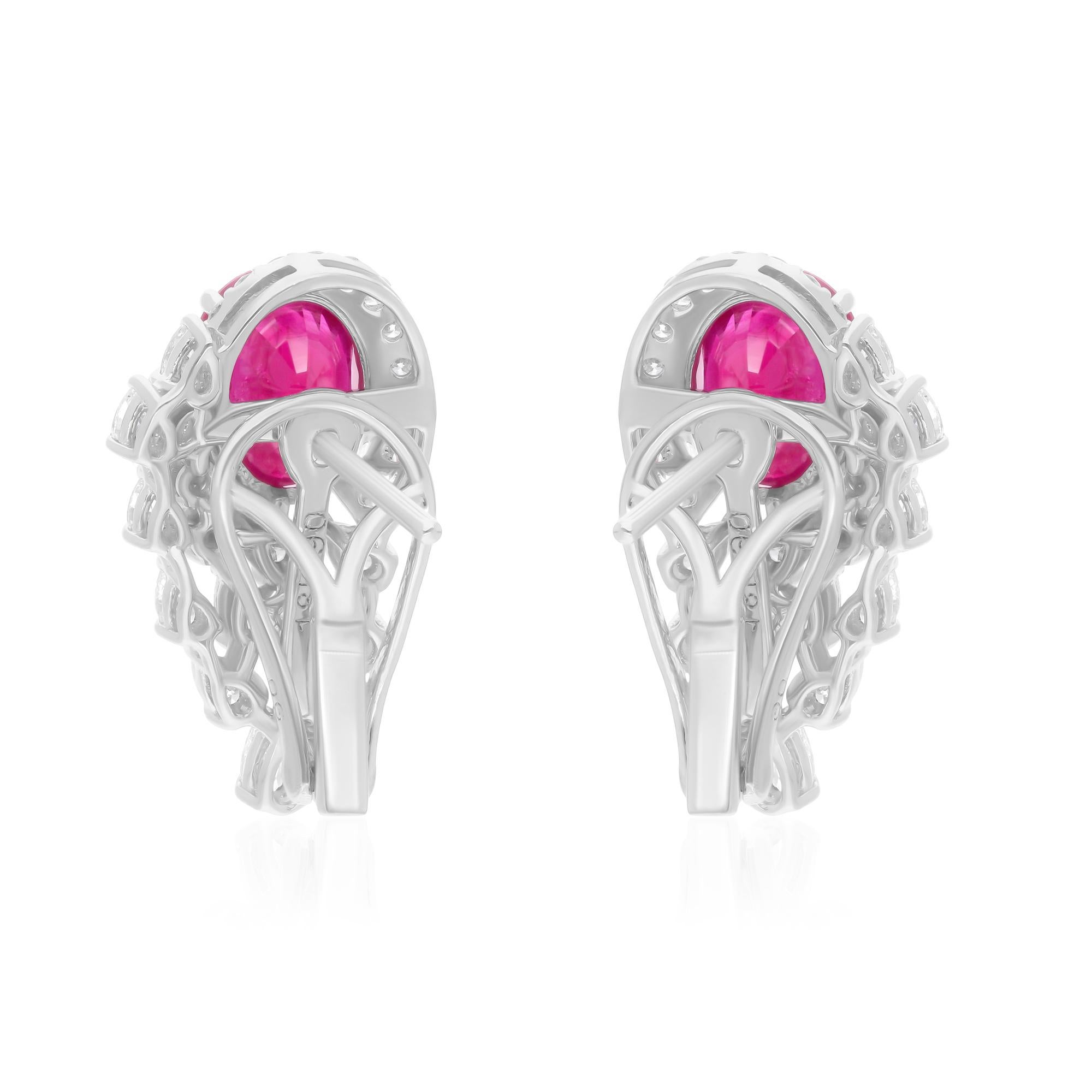 Oval Ruby Earrings SI/H Pear Round Brilliant Cut Diamond 14 Karat White Gold In New Condition For Sale In Diera, Dubai