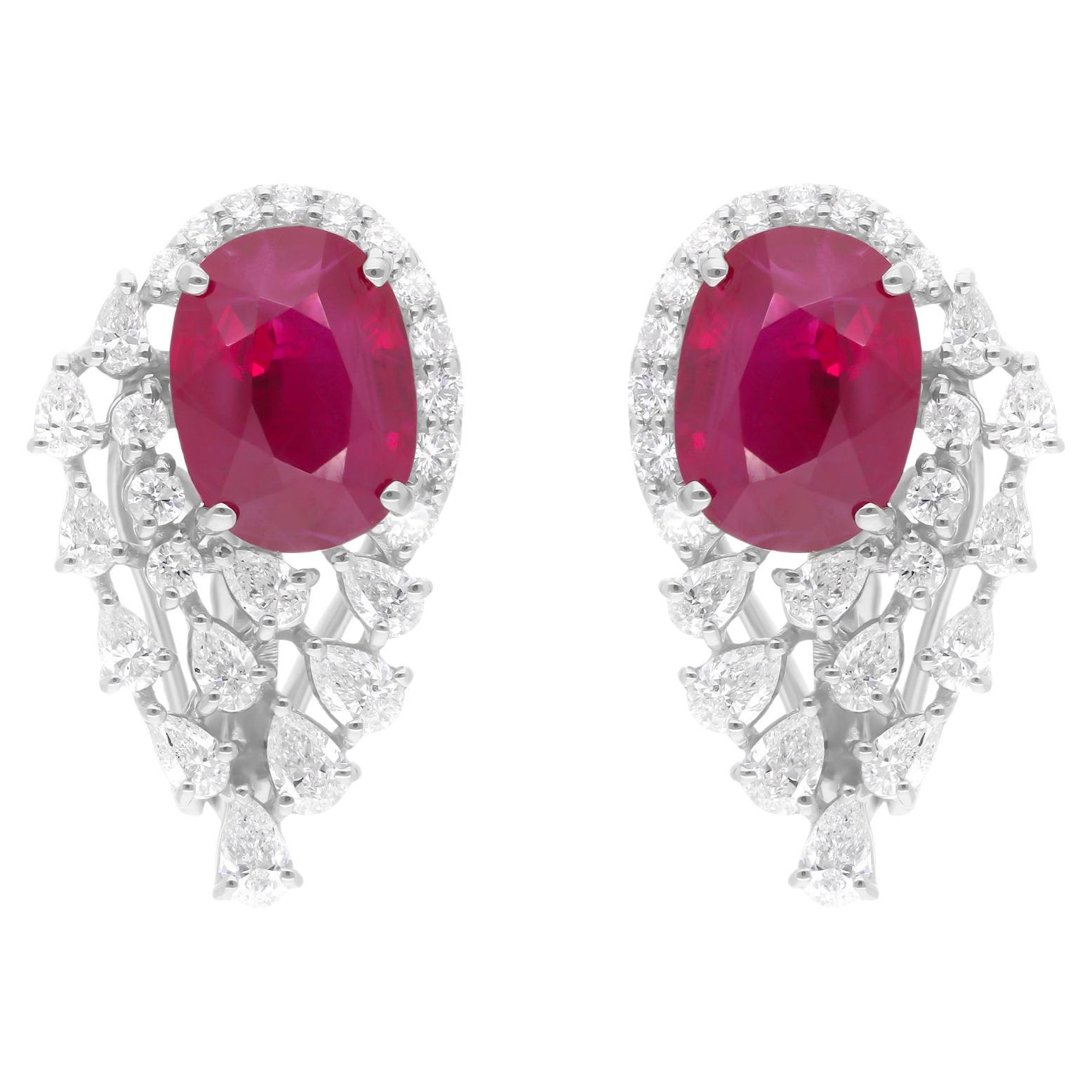 Oval Ruby Earrings SI/H Pear Round Brilliant Cut Diamond 14 Karat White Gold For Sale