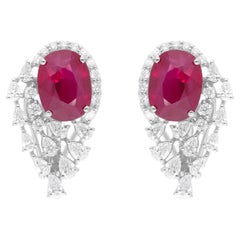 Boucles d'oreilles en or blanc 14 carats avec rubis ovale taille poire et diamants ronds brillants SI/H