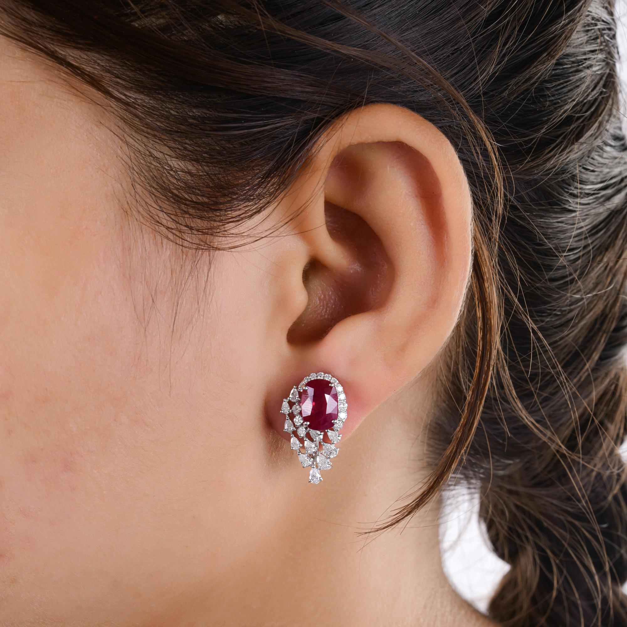 Oval Cut Oval Ruby Earrings SI/H Pear Round Brilliant Cut Diamond 18 Karat White Gold For Sale