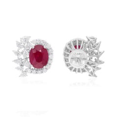 Oval Ruby Earrings SI/H Round Brilliant Cut Diamond 14 Karat White Gold Jewelry