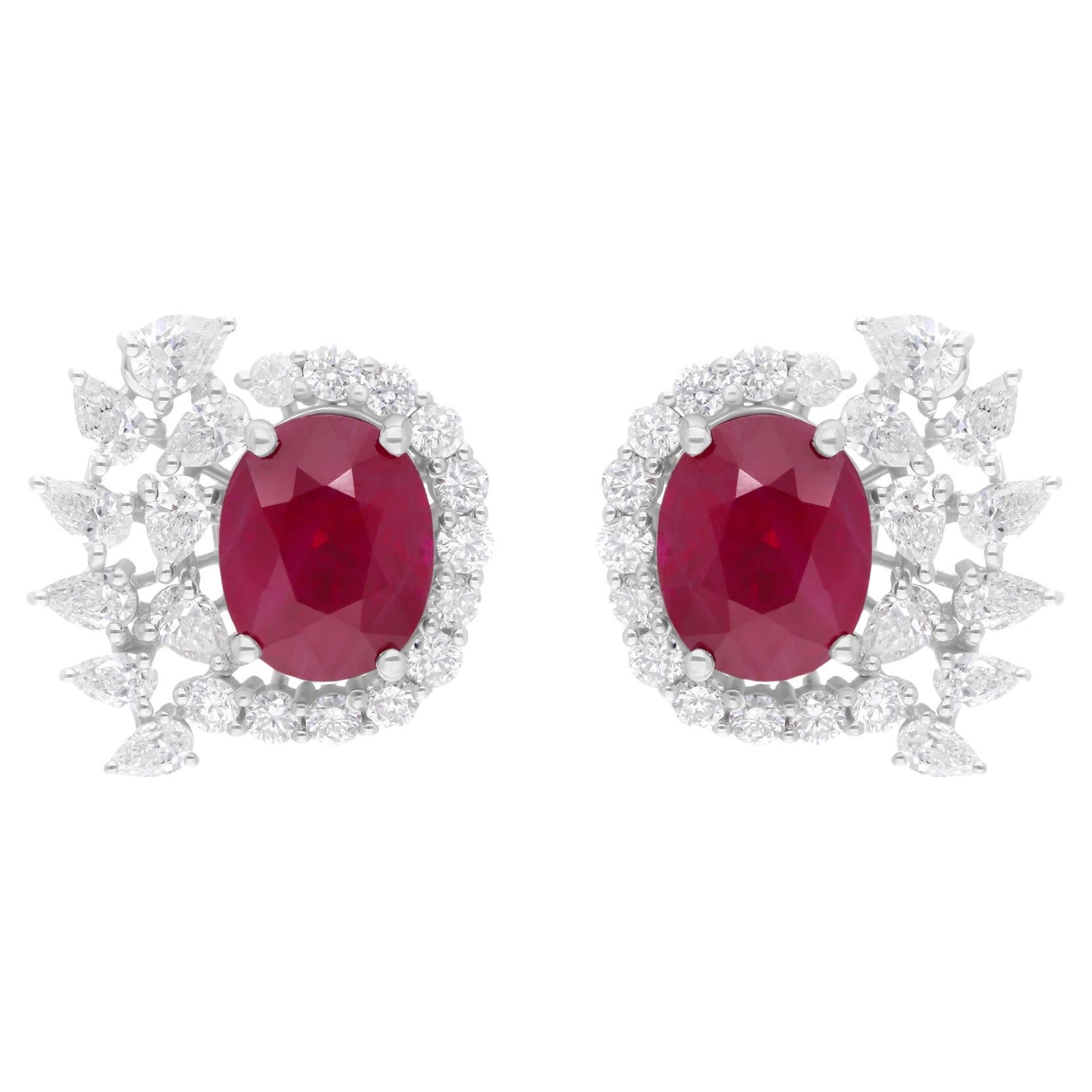 Oval Ruby Earrings SI/H Round Brilliant Cut Diamond 14 Karat White Gold Jewelry