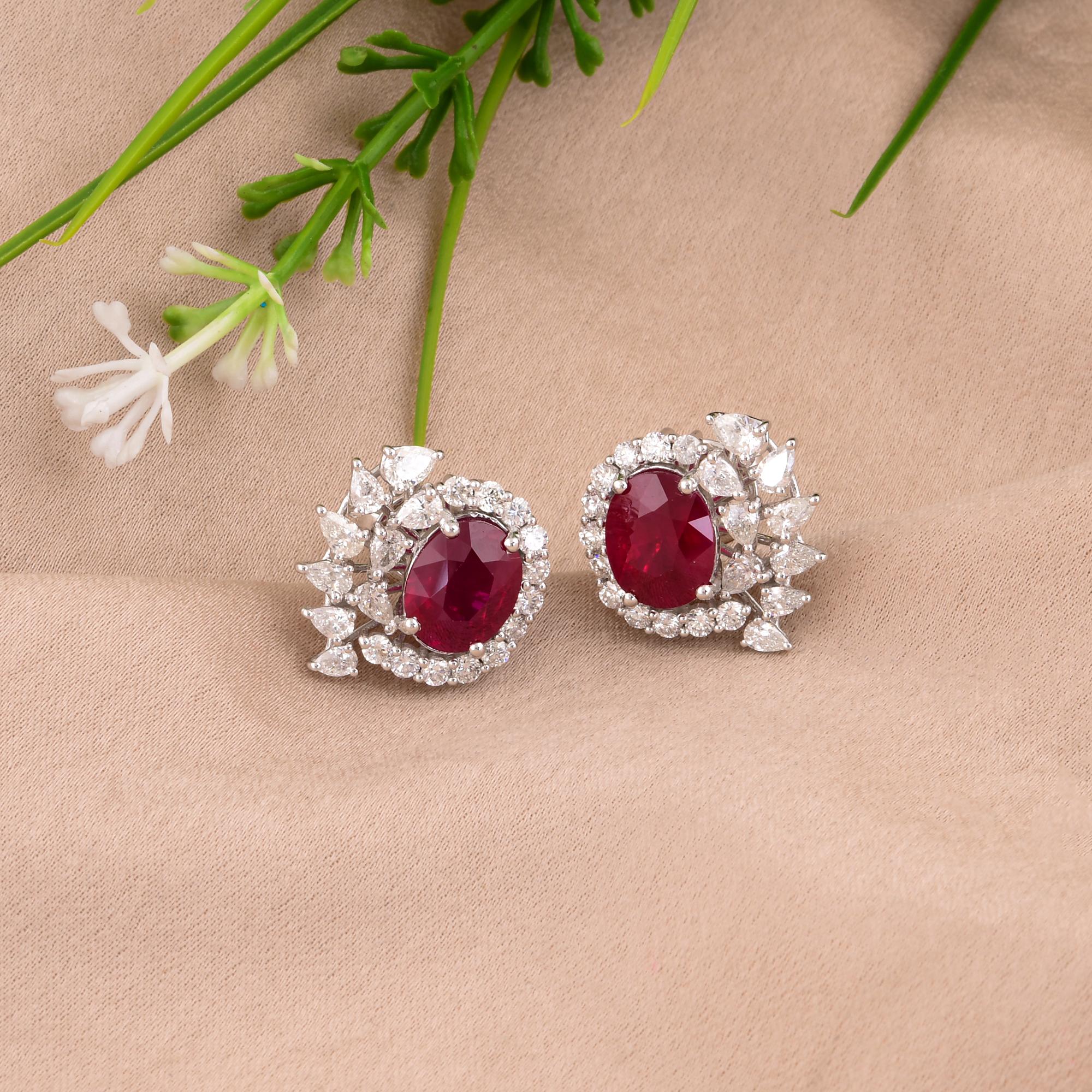 Modern Oval Ruby Earrings SI/H Round Brilliant Cut Diamond 18 Karat White Gold Jewelry For Sale