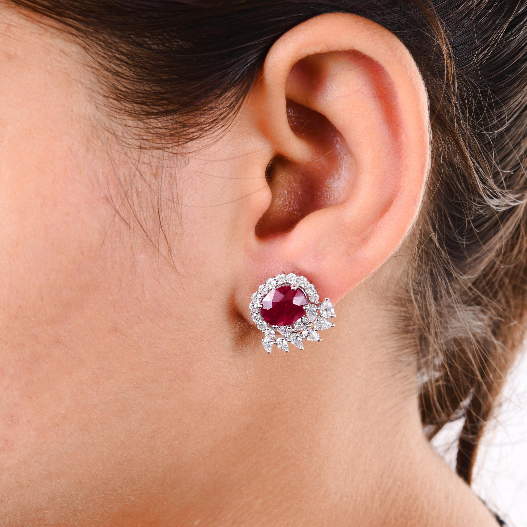 Oval Cut Oval Ruby Earrings SI/H Round Brilliant Cut Diamond 18 Karat White Gold Jewelry For Sale