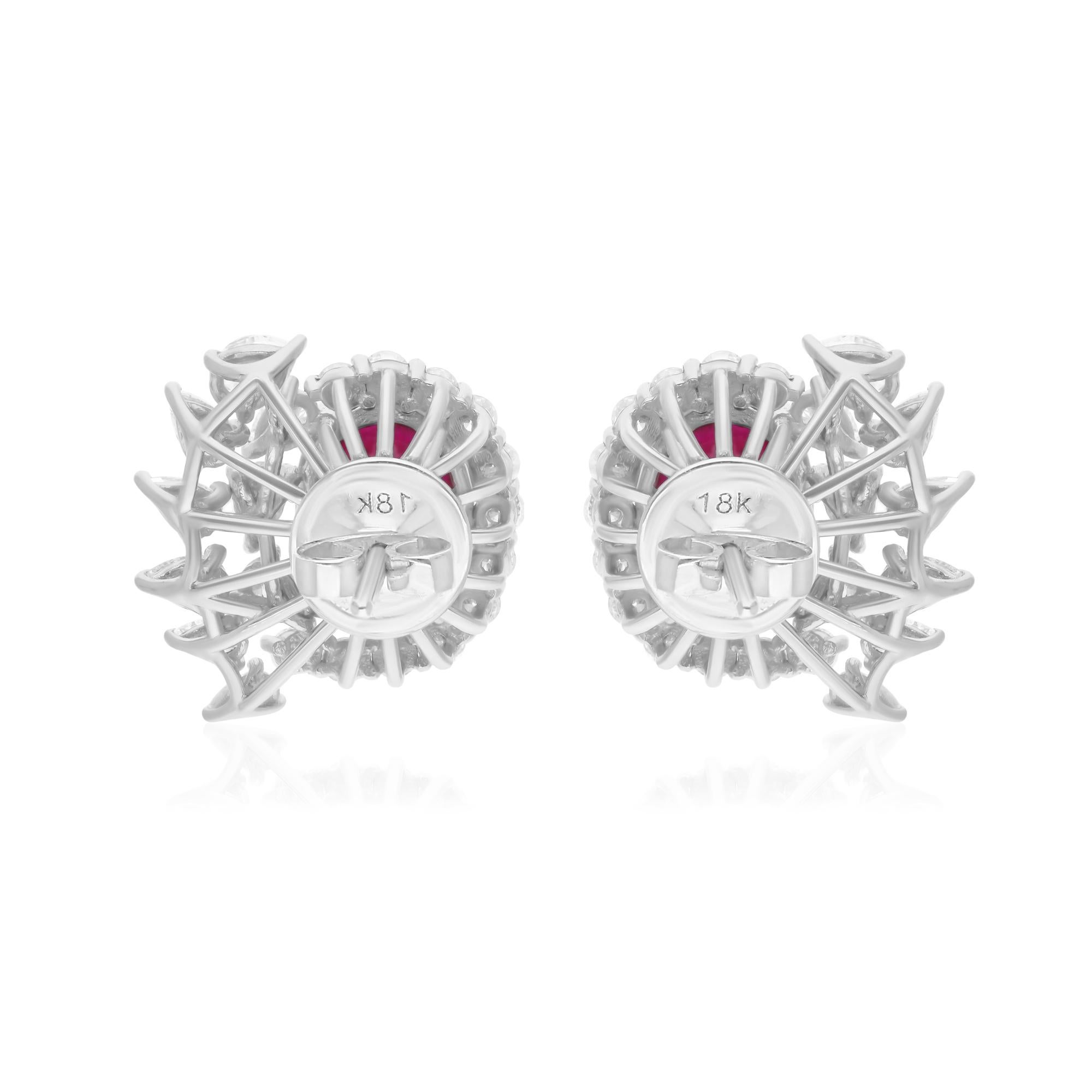 Oval Ruby Earrings SI/H Round Brilliant Cut Diamond 18 Karat White Gold Jewelry In New Condition For Sale In Diera, Dubai