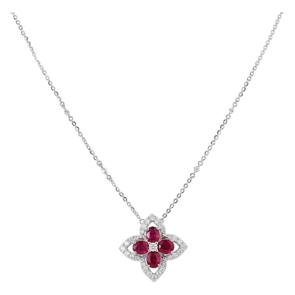 Collier en or massif 14K avec fleur ovale en rubis et diamants naturels (certifié)