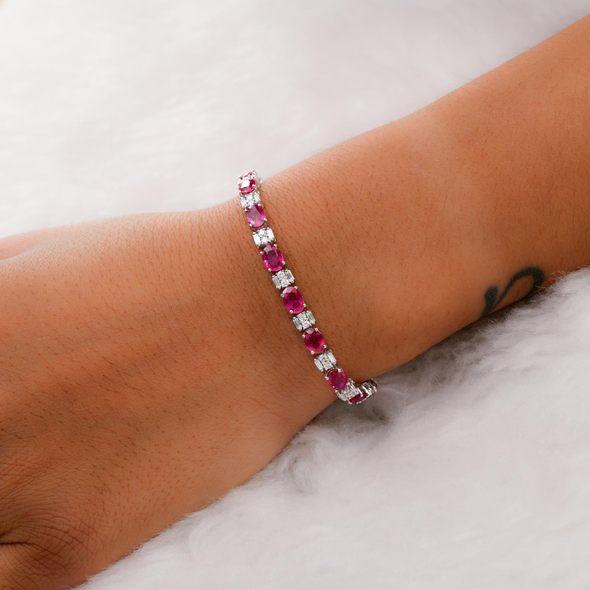 Modern Oval Ruby Gemstone Bracelet Diamond 14 Karat White Gold Handmade Fine Jewelry For Sale