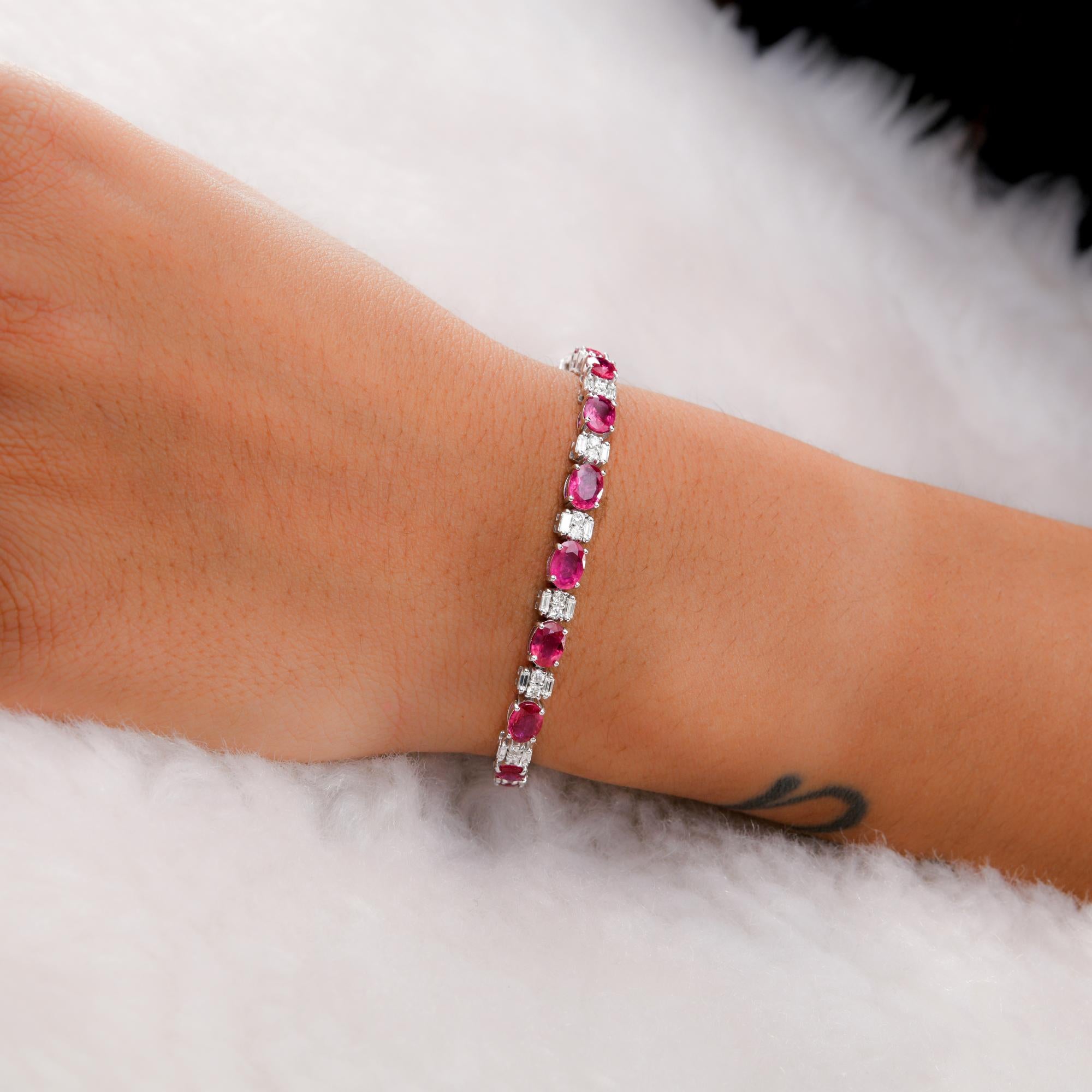 Oval Cut Oval Ruby Gemstone Bracelet Diamond 14 Karat White Gold Handmade Fine Jewelry For Sale