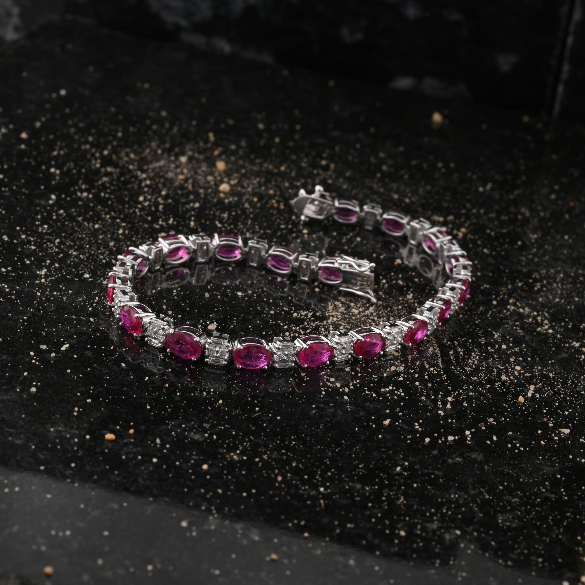 Oval Ruby Gemstone Bracelet Diamond 14 Karat White Gold Handmade Fine Jewelry For Sale 2