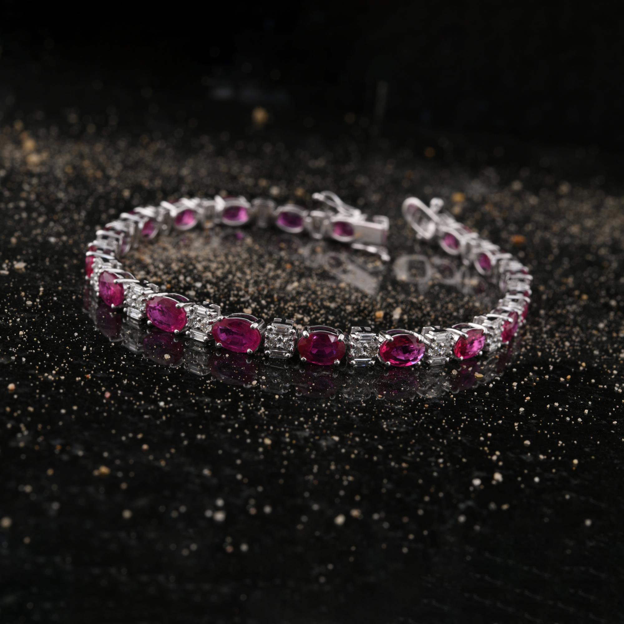 Oval Ruby Gemstone Bracelet Diamond 14 Karat White Gold Handmade Fine Jewelry For Sale 3