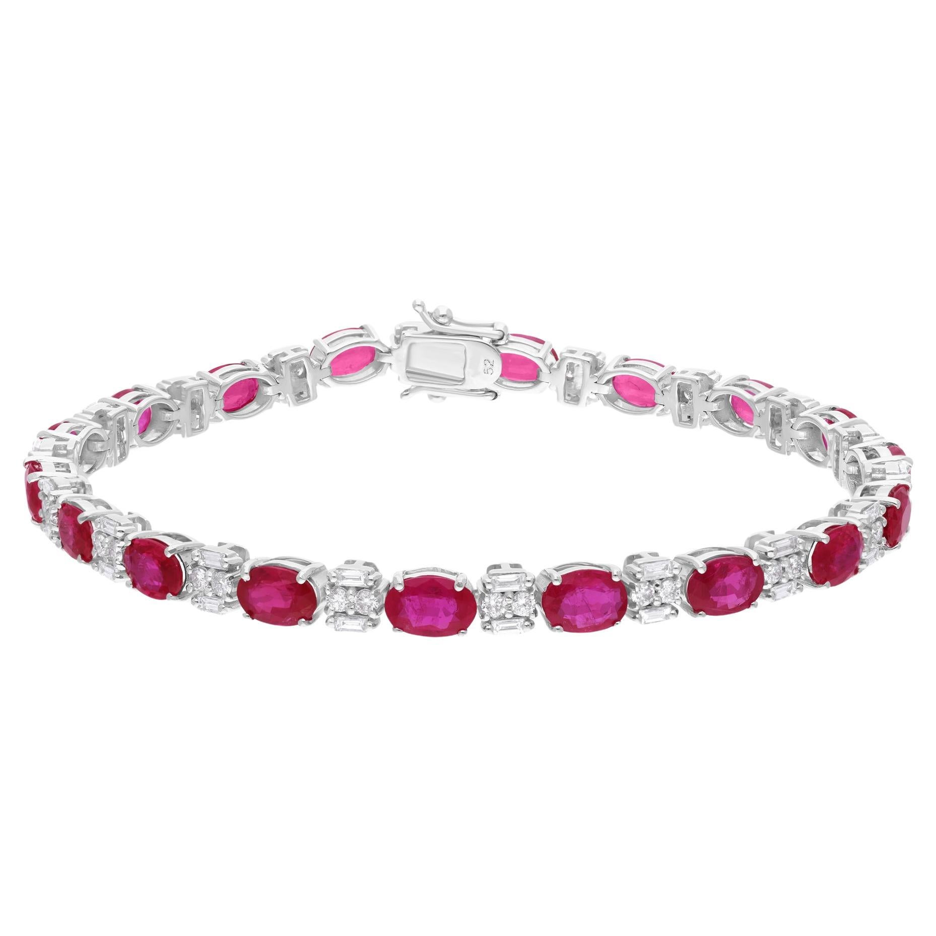 Bracelet de pierres précieuses rubis ovales et diamants en or blanc 14 carats, fabrication artisanale