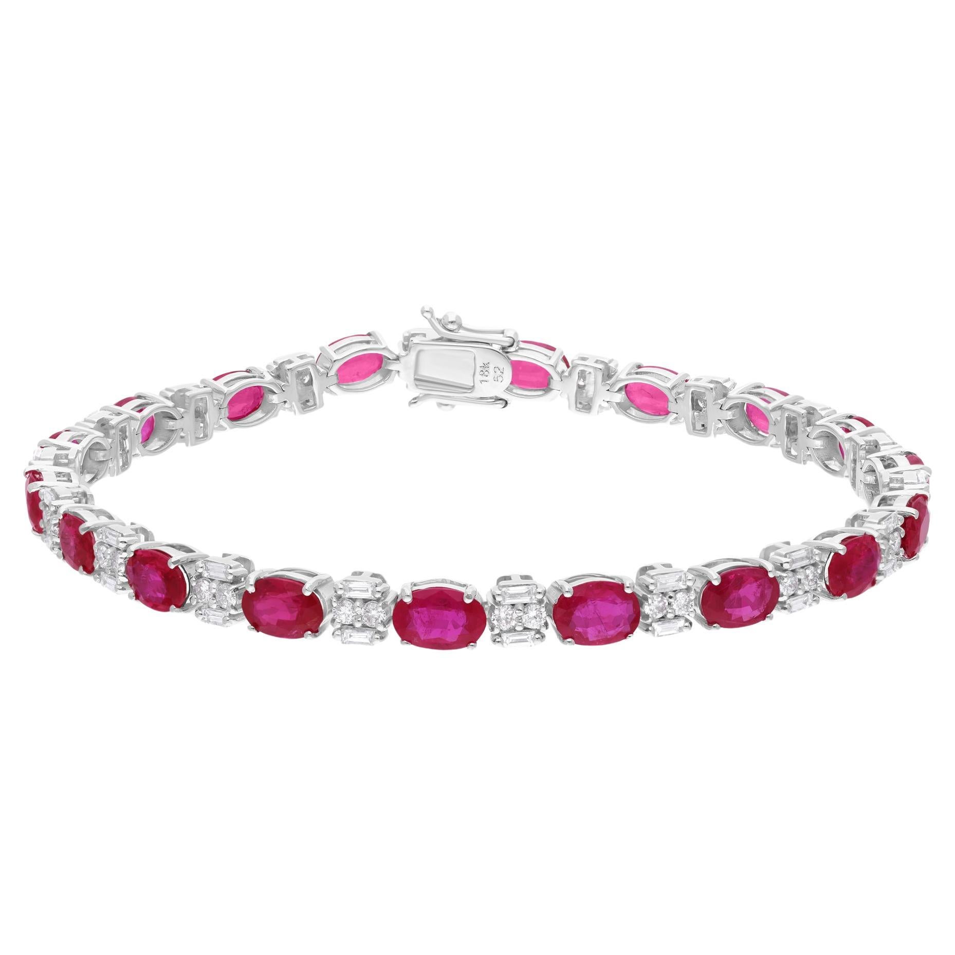 Natural 10.29 Tcw Oval Ruby Gemstone SI/H Diamond 18 Karat White Gold Bracelet For Sale