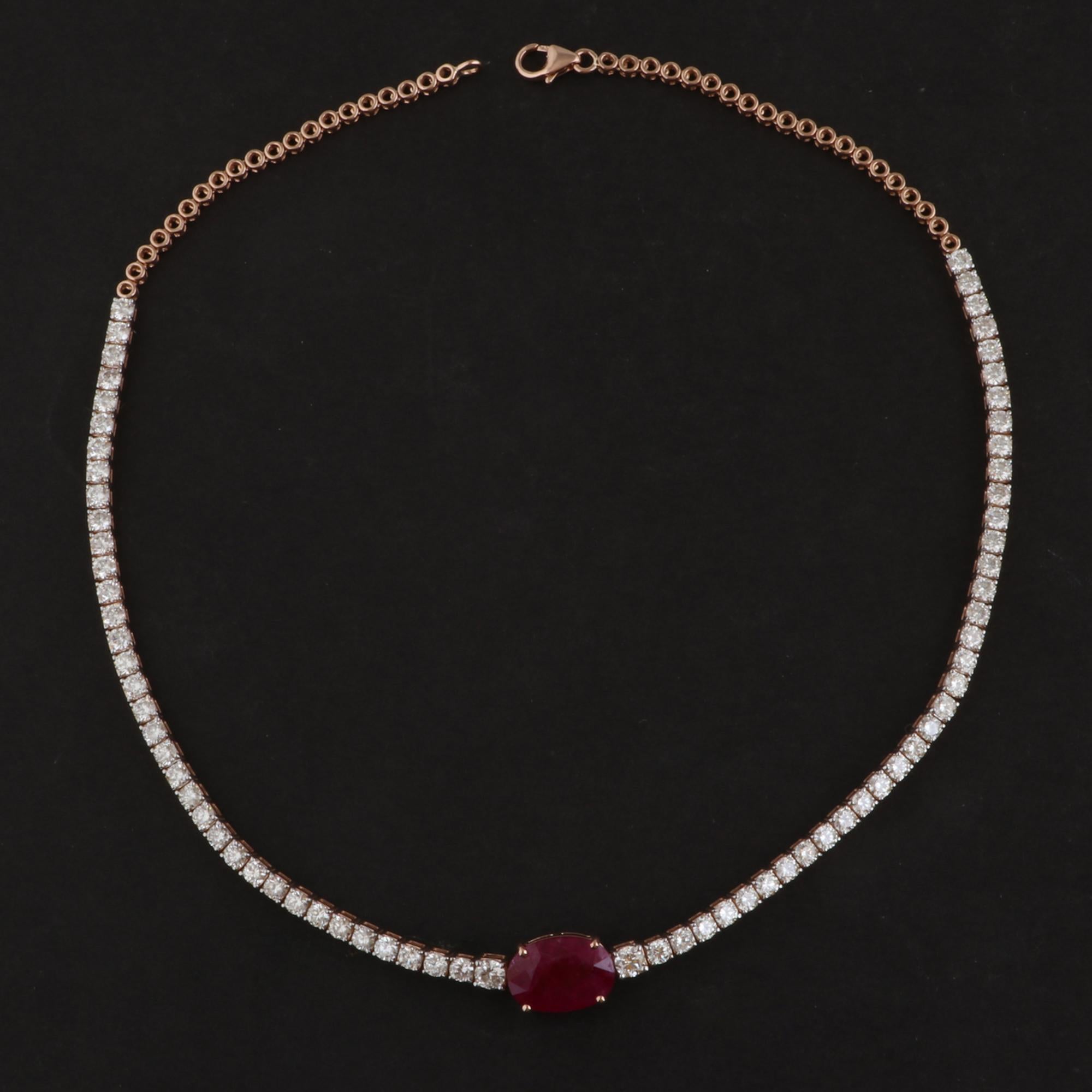 Modern Oval Ruby Gemstone Choker Necklace Diamond 14 Karat Rose Gold Handmade Jewelry For Sale