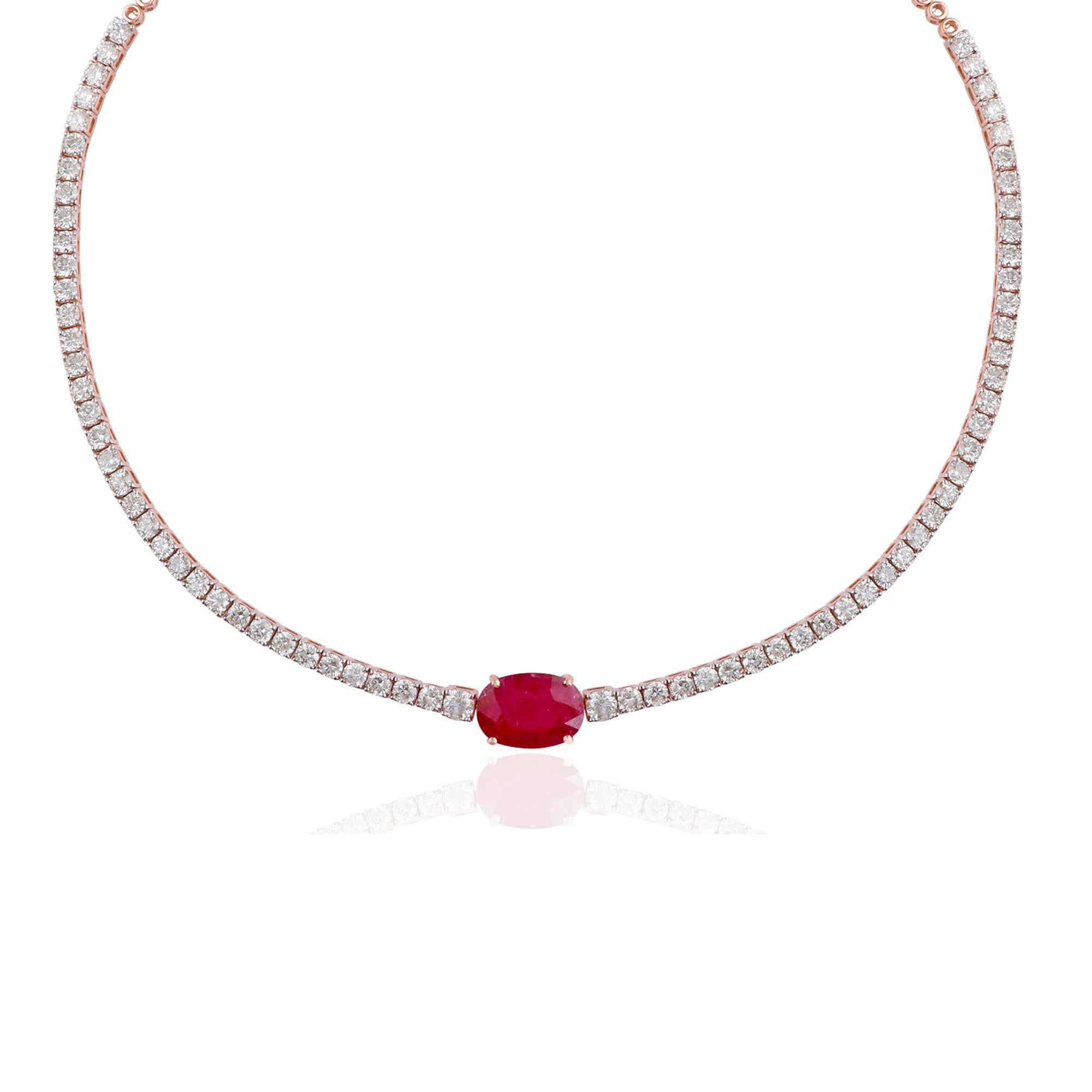 Oval Cut Oval Ruby Gemstone Choker Necklace Diamond 14 Karat Rose Gold Handmade Jewelry For Sale