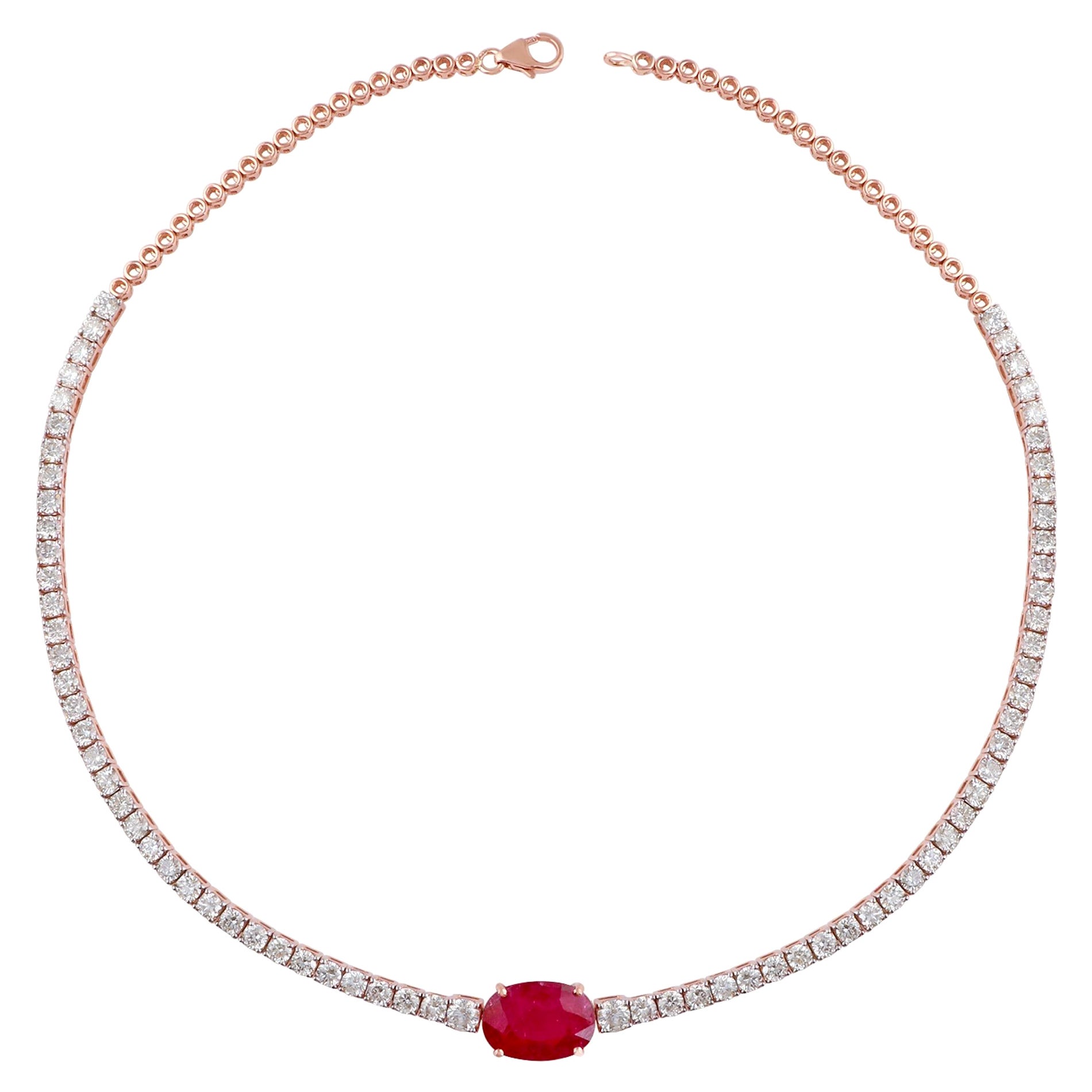 Oval Ruby Gemstone Choker Necklace Diamond 14 Karat Rose Gold Handmade Jewelry For Sale