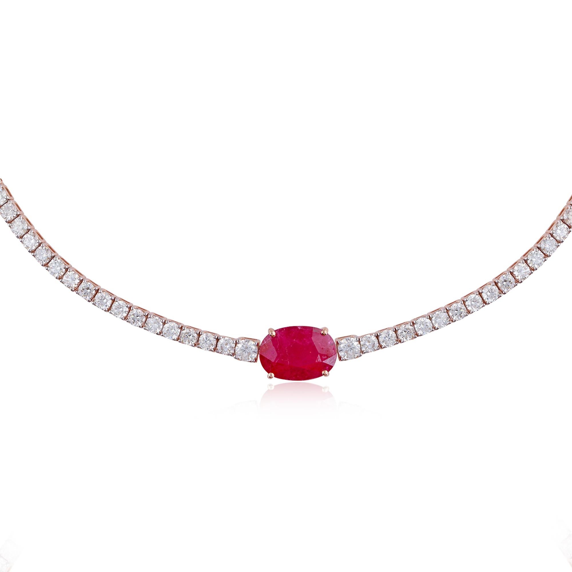The choker necklace is crafted from 18 Karat Rose Gold, adding a touch of warmth and femininity to the design. The rose gold complements the vibrant red of the ruby and creates a harmonious combination that exudes grace and refinement.

Item Code :-