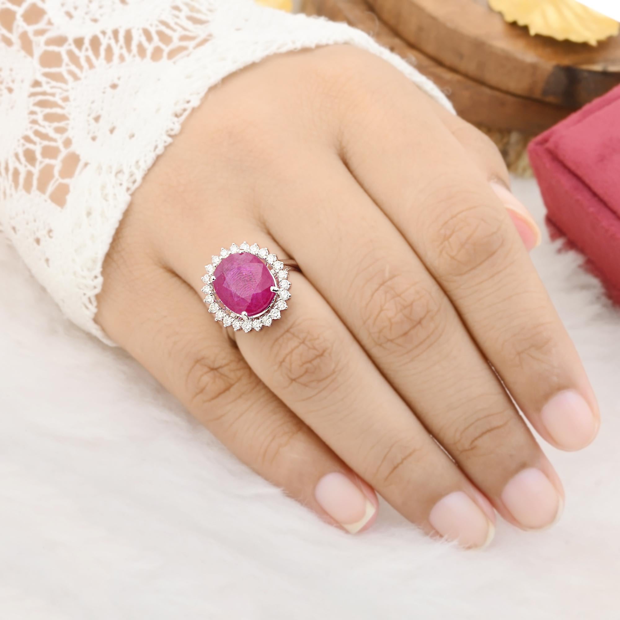 Women's Oval Ruby Gemstone Cocktail Ring Diamond 10 Karat White Gold Handmade Jewelry For Sale