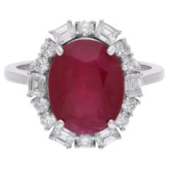 Oval Ruby Gemstone Cocktail Ring Diamond 14 Karat White Gold Handmade Jewelry