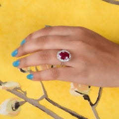 Oval Ruby Gemstone Cocktail Ring Diamond 18 Karat White Gold Handmade Jewelry