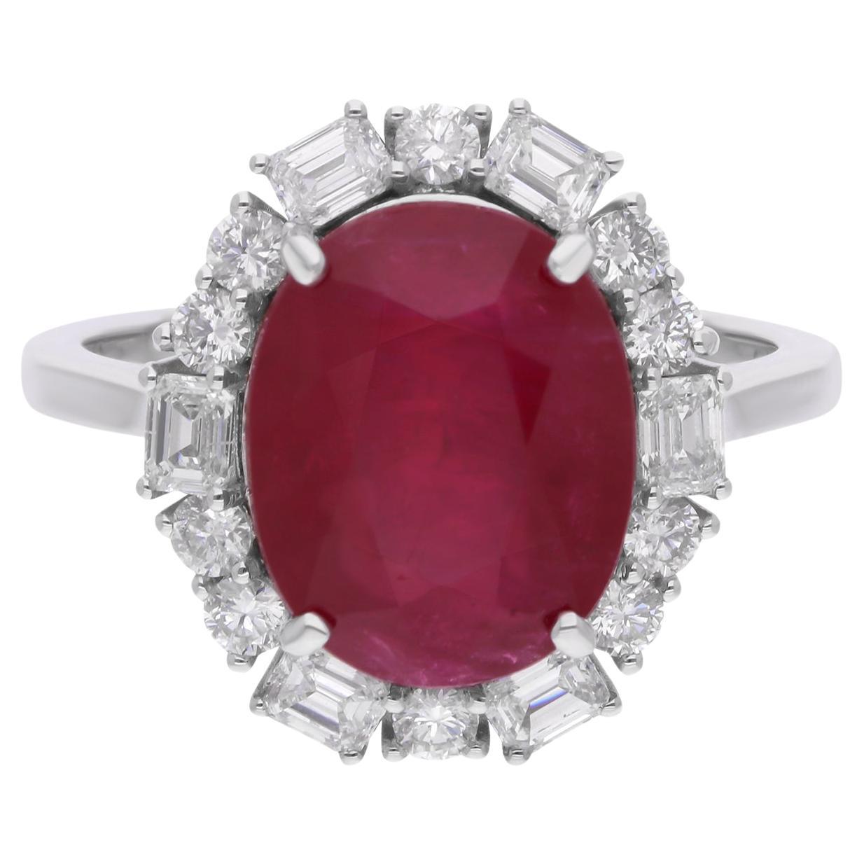 Oval Ruby Gemstone Cocktail Ring Diamond 18 Karat White Gold Handmade Jewelry For Sale