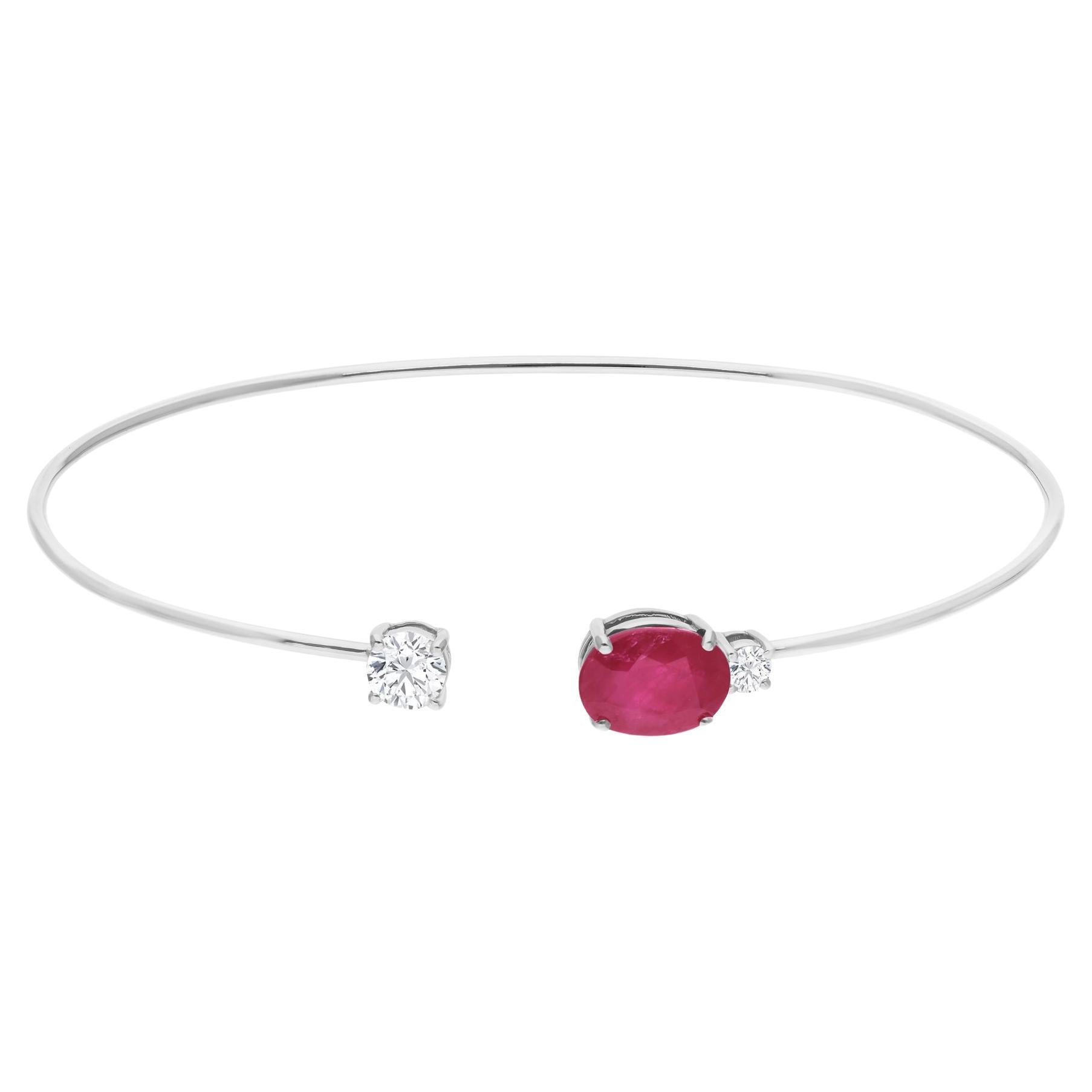 Oval Ruby Gemstone Cuff Bangle Diamond Open Bracelet 14 Karat White Gold Jewelry