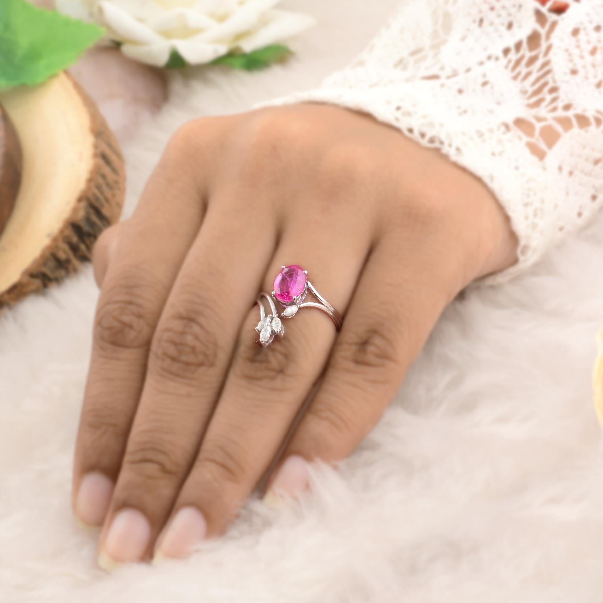 For Sale:  Oval Ruby Gemstone Cuff Ring Marquise Diamond 10 Karat White Gold Fine Jewelry 3