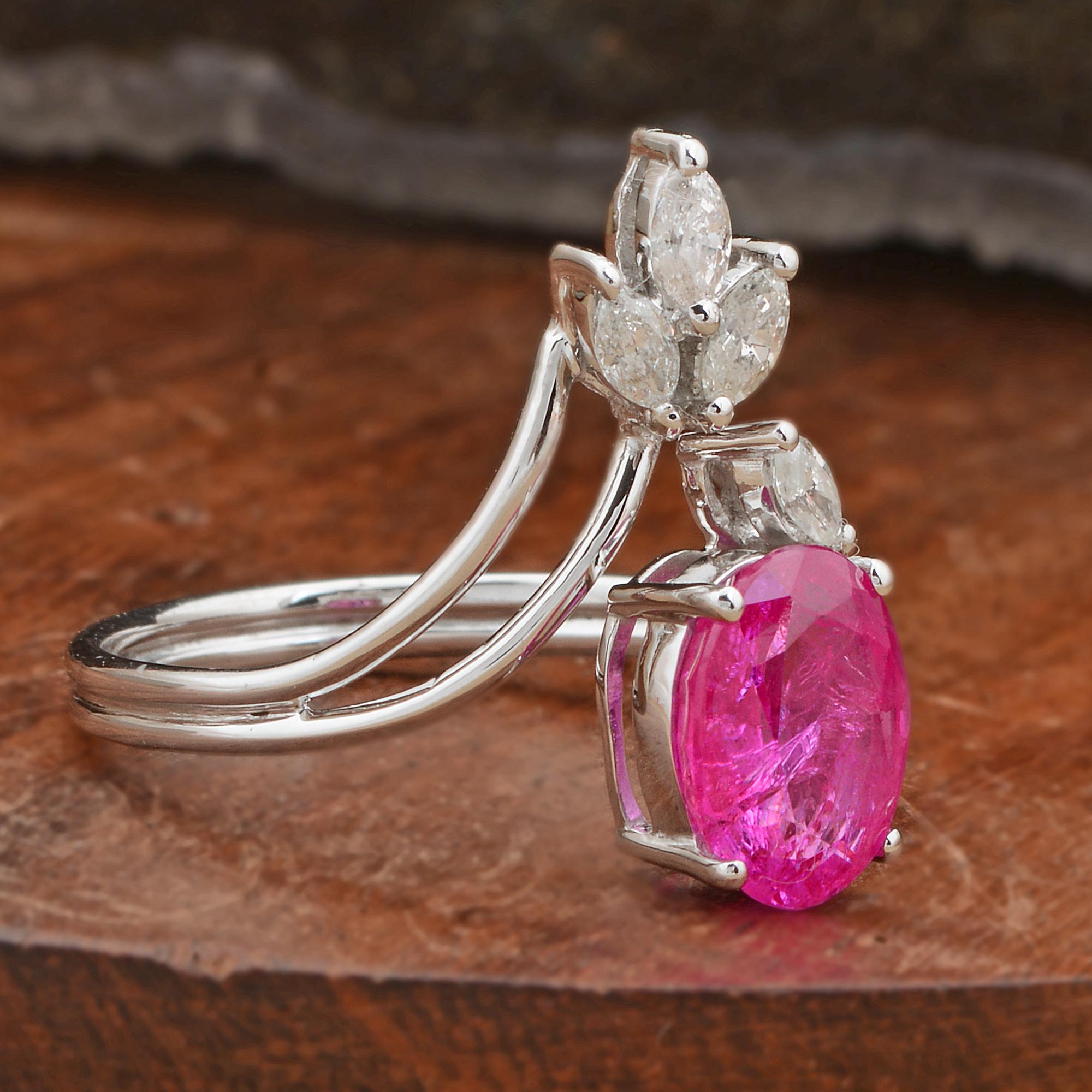 For Sale:  Oval Ruby Gemstone Cuff Ring Marquise Diamond 10 Karat White Gold Fine Jewelry 5