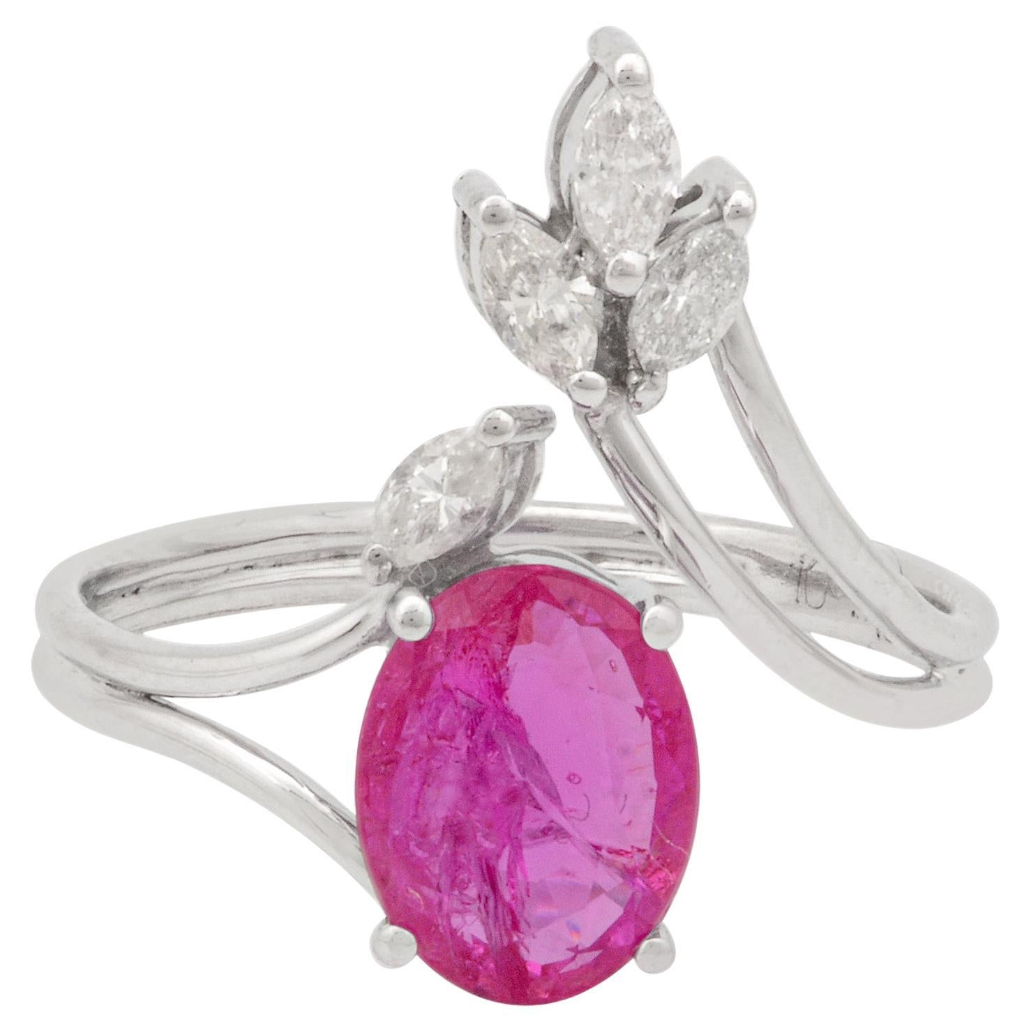 Oval Ruby Gemstone Cuff Ring Marquise Diamond 10 Karat White Gold Fine Jewelry
