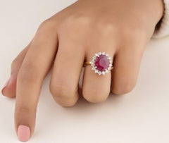 6.79 Carat Oval Natural Ruby Diamond Floral Halo Statement Ring, 14k Yellow Gold