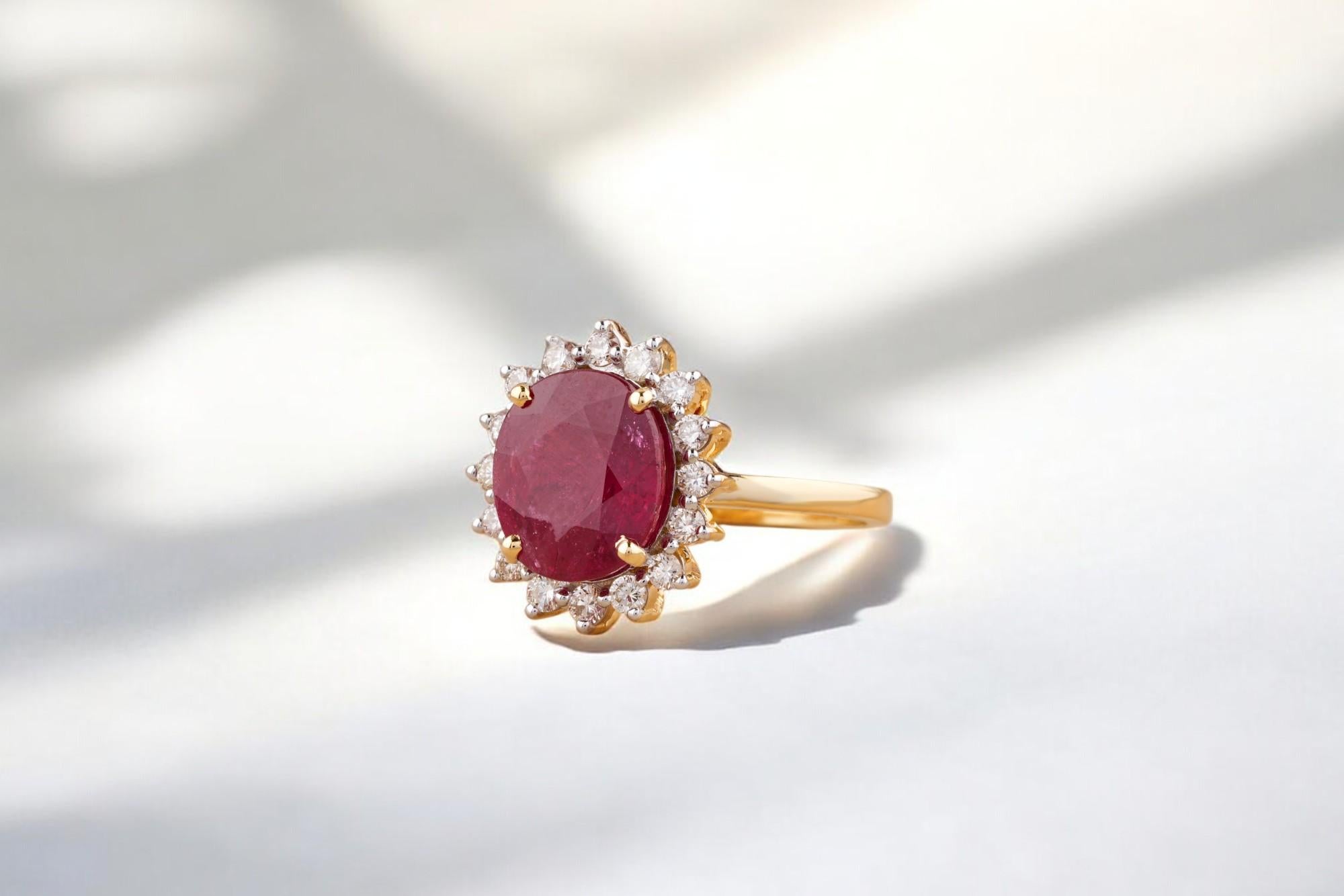 Taglio ovale Anello ovale con gemma di rubino e diamante in oro massiccio 14K (certificato) in vendita