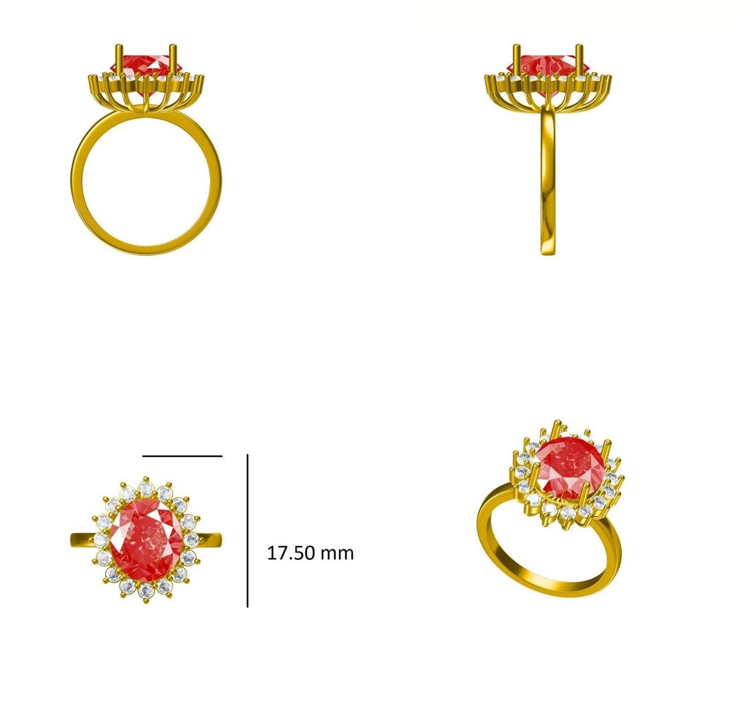 Anello ovale con gemma di rubino e diamante in oro massiccio 14K (certificato) in vendita 3