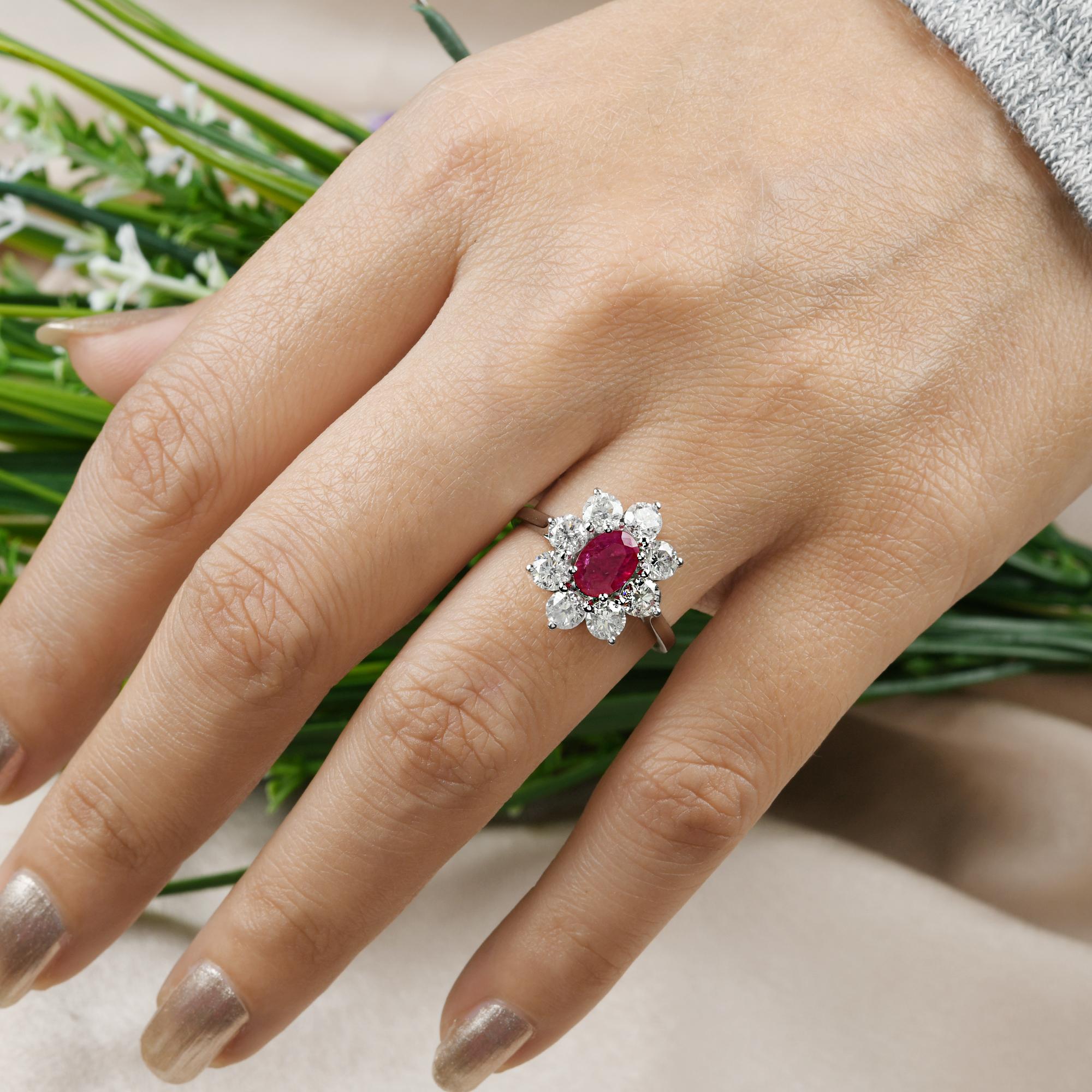 Modern Oval Ruby Gemstone Flower Cocktail Ring Diamond 10 Karat White Gold Fine Jewelry For Sale