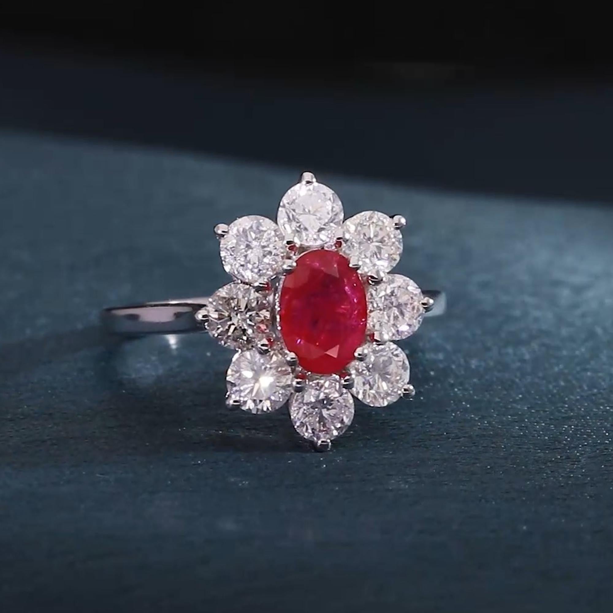Oval Cut Oval Ruby Gemstone Flower Cocktail Ring Diamond 10 Karat White Gold Fine Jewelry For Sale
