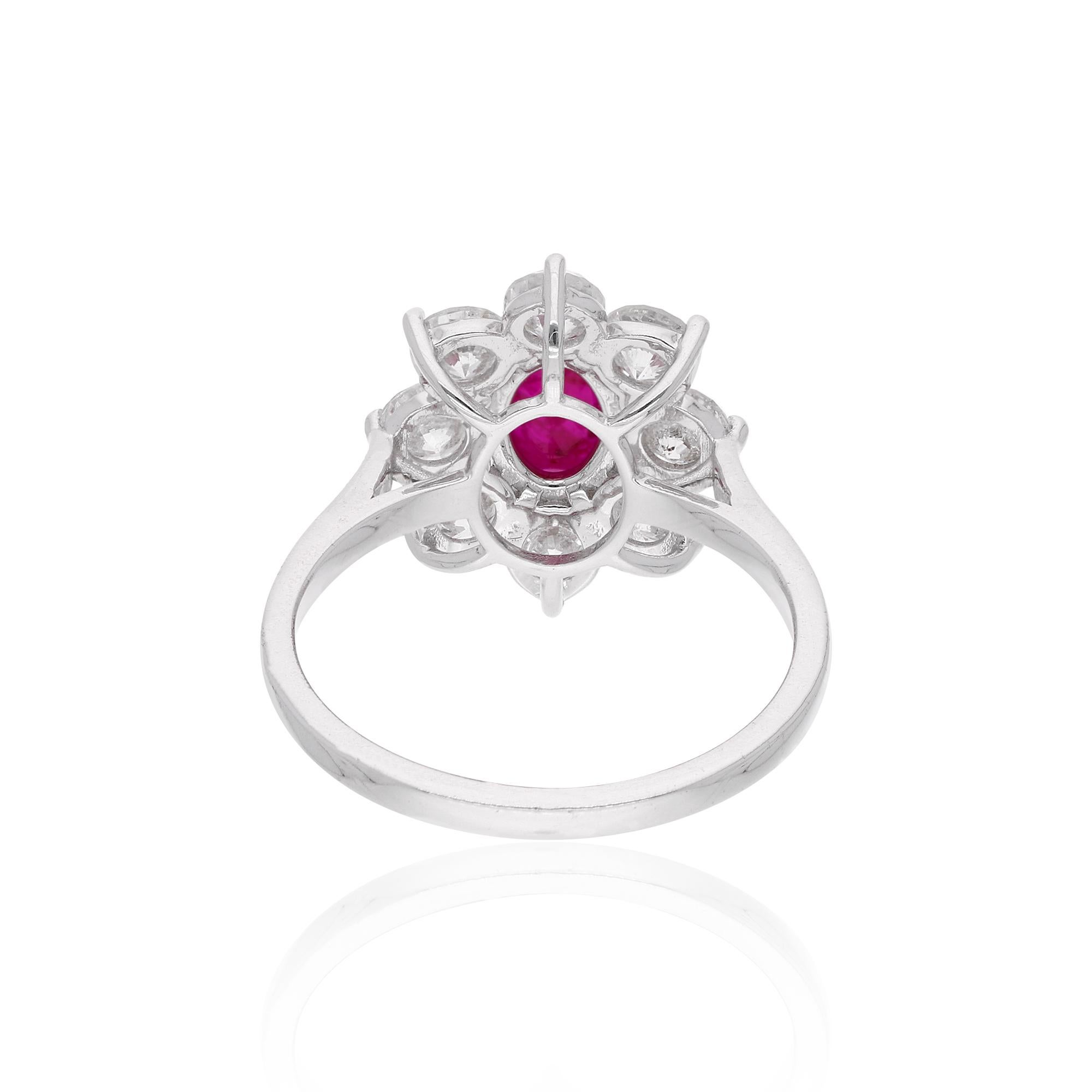 Women's Oval Ruby Gemstone Flower Cocktail Ring Diamond 10 Karat White Gold Fine Jewelry For Sale