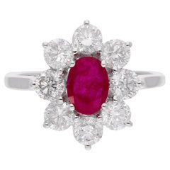 Oval Ruby Gemstone Flower Cocktail Ring Diamond 10 Karat White Gold Fine Jewelry