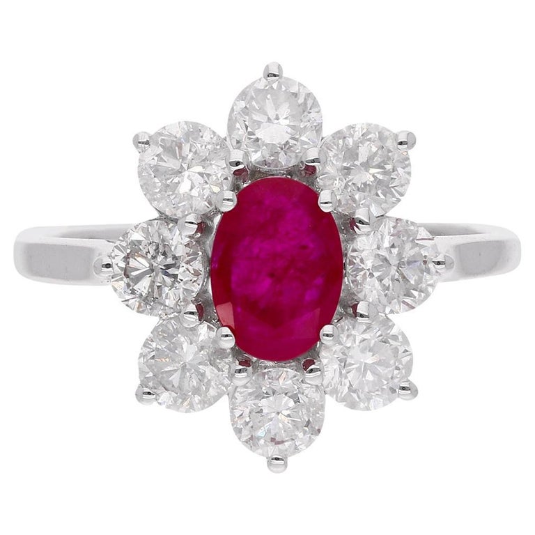 Oval Ruby Gemstone Flower Cocktail Ring Diamond 10 Karat White Gold