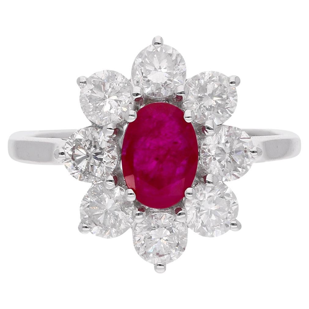 Rubí ovalado Piedra preciosa Flor Cóctel Anillo Diamante Oro Blanco 10 Kilates Joyería Fina