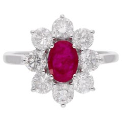 Rubí ovalado Piedra preciosa Flor Cóctel Anillo Diamante Oro Blanco 10 Kilates Joyería Fina