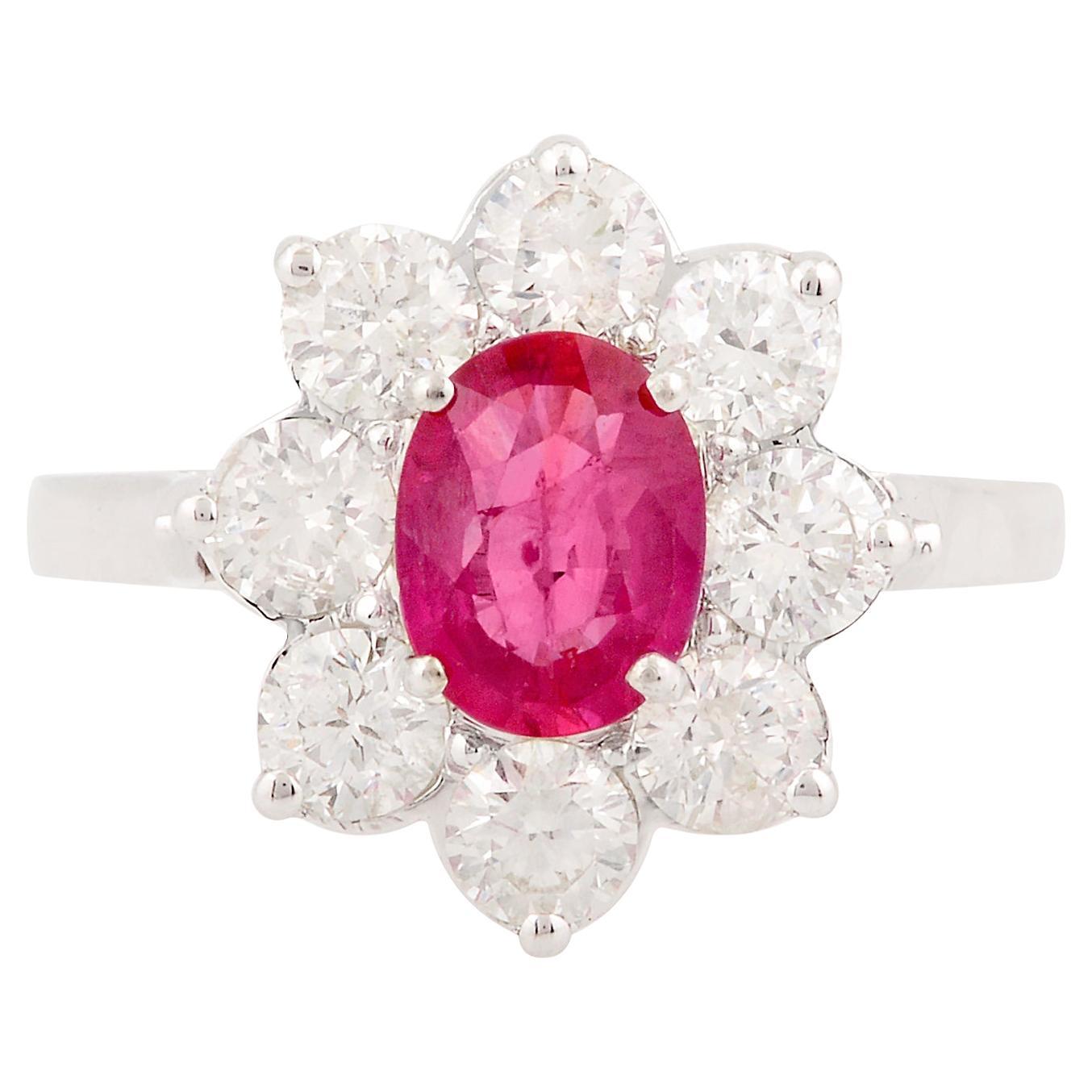 Oval Ruby Gemstone Flower Ring SI Clarity HI Color Diamond 14 Karat White Gold