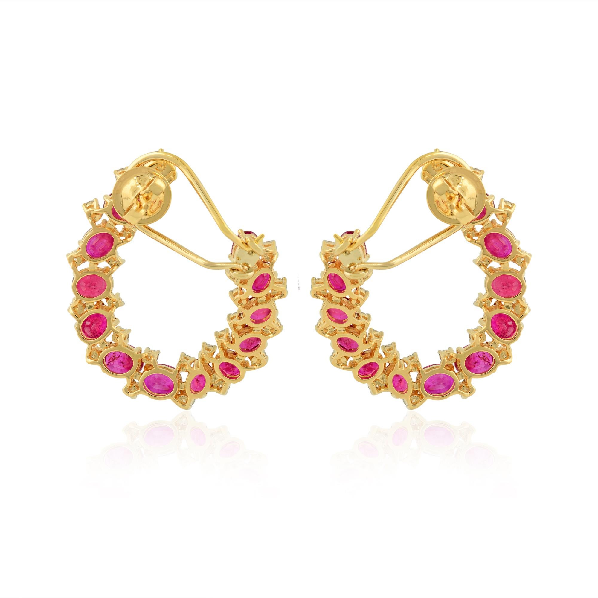 Modern Oval Ruby Gemstone Hoop Earrings SI Clarity HI Color Diamond 14k Yellow Gold For Sale