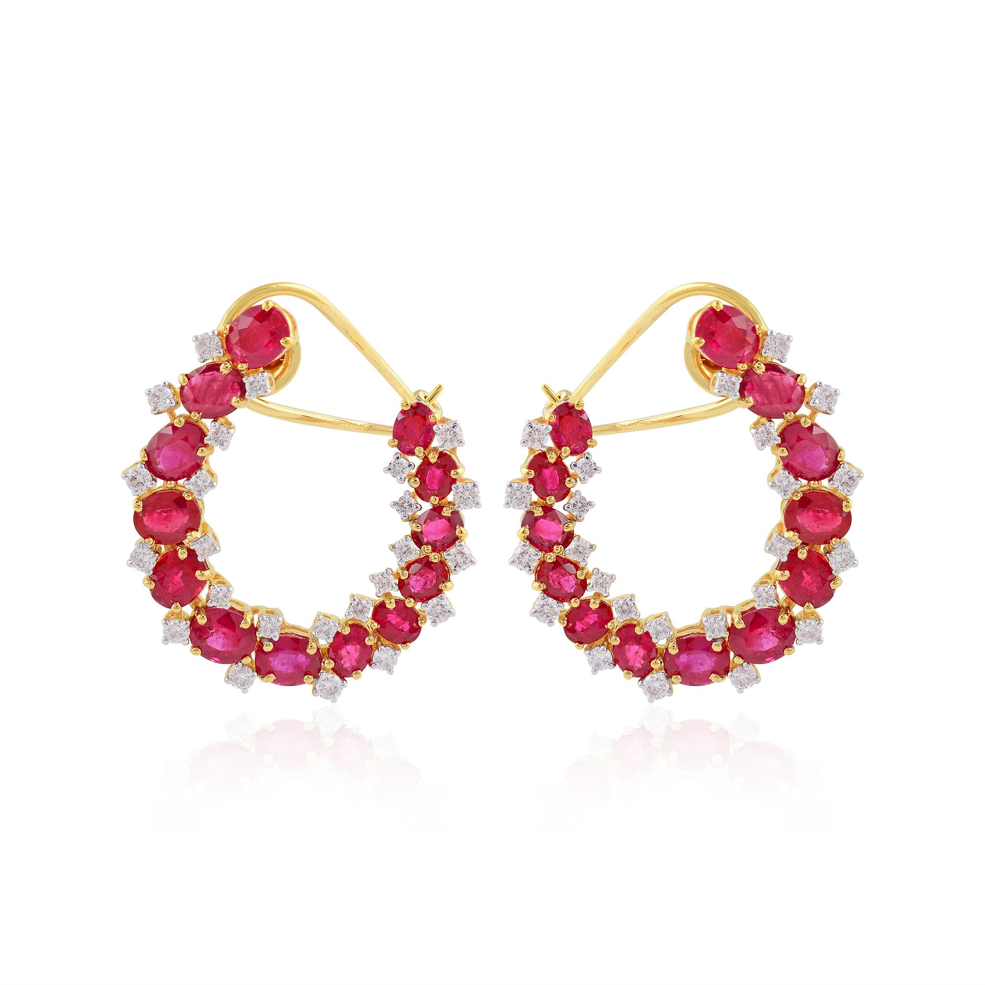 Oval Cut Oval Ruby Gemstone Hoop Earrings SI Clarity HI Color Diamond 14k Yellow Gold For Sale